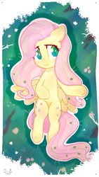 Size: 1280x2276 | Tagged: safe, artist:fipoki, fluttershy, pegasus, pony, g4, aside glance, blushing, female, grass, leaves, leaves in hair, looking at you, lying down, mare, on back, outline, overhead view, smiling, solo, spread wings, underhoof, wings