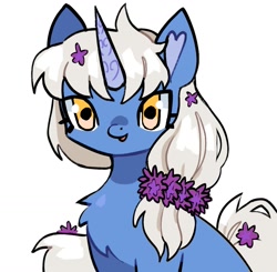 Size: 1223x1200 | Tagged: safe, artist:10uhh, oc, oc only, oc:moonflower, pony, unicorn, chest fluff, female, flower, flower in hair, heart ears, horn, looking at you, mare, simple background, solo, white background