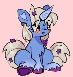 Size: 1224x1290 | Tagged: safe, artist:10uhh, oc, oc only, oc:moonflower, pony, unicorn, female, flower, flower in hair, heart ears, horn, mare, simple background, sitting, solo