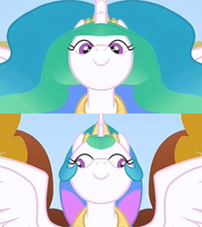 Size: 320x360 | Tagged: safe, edit, edited screencap, screencap, princess celestia, alicorn, pony, fall weather friends, g4, season 1, caption, comparison, cropped, derp, faic, female, image macro, looking at you, mare, solo, text, unitinu, wat