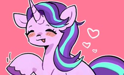 Size: 1176x720 | Tagged: safe, artist:10uhh, starlight glimmer, pony, unicorn, g4, eyes closed, female, heart, horn, mare, pink background, raised hoof, simple background, solo
