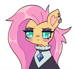 Size: 1068x970 | Tagged: safe, artist:10uhh, fluttershy, pony, g4, :<, alternate hairstyle, bust, clothes, ear piercing, earring, eyeshadow, female, fluttergoth, gem, goth, heart ears, jacket, jewelry, lidded eyes, makeup, mare, necklace, piercing, simple background, solo, white background
