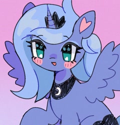 Size: 758x789 | Tagged: safe, artist:10uhh, princess luna, alicorn, pony, g4, female, heart ears, horn, looking at you, no pupils, pink background, s1 luna, simple background, solo, spread wings, wings