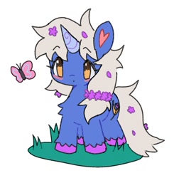 Size: 1104x1125 | Tagged: safe, artist:10uhh, oc, oc only, oc:moonflower, butterfly, pony, unicorn, female, flower, flower in hair, grass, heart ears, horn, no pupils, simple background, solo, white background