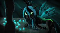 Size: 4000x2250 | Tagged: source needed, safe, artist:enteryourponyname, queen chrysalis, changeling, changeling queen, g4, cave, cavern, close-up, creepy, crown, female, flower, jewelry, lineless, regalia, solo, transparent wings, wings