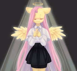Size: 3229x3000 | Tagged: safe, artist:melodylibris, fluttershy, pegasus, anthro, g4, blouse, christianity, clothes, cross, cross necklace, eyes closed, female, floppy ears, halo, hands together, high res, jewelry, light, long hair, mare, necklace, skirt, smiling, solo, spread wings, wings