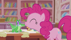 Size: 1920x1080 | Tagged: safe, screencap, gummy, pinkie pie, alligator, earth pony, pony, g4, season 5, the lost treasure of griffonstone, 1080p, ^^, cute, diapinkes, duo, eyes closed, female, gummybetes, kiss on the lips, kissing, male, mare, mouth hold, platonic kiss