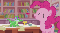 Size: 1920x1080 | Tagged: safe, screencap, pinkie pie, alligator, earth pony, pony, g4, season 5, the lost treasure of griffonstone, 1080p, cute, daaaaaaaaaaaw, diapinkes, duo, female, heart, male, mare, mouth hold, smiling