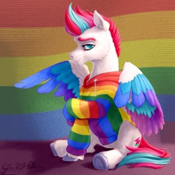 Size: 1257x1259 | Tagged: safe, artist:thatonegib, zipp storm, pegasus, pony, g5, clothes, colored wings, commission, female, hoodie, looking at you, mare, multicolored hair, multicolored wings, pride, pride flag, pride month, sitting, smiling, solo, wings, ych result