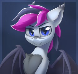 Size: 1468x1402 | Tagged: safe, artist:anti1mozg, oc, oc only, oc:lance, bat pony, pony, bust, chest fluff, fangs, looking at you, male, pale belly, simple background, solo