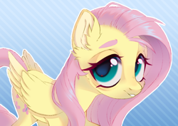Size: 1000x707 | Tagged: safe, artist:eiirine, fluttershy, pegasus, pony, g4, aside glance, cheek fluff, ear fluff, female, folded wings, looking at you, mare, raised hoof, smiling, smiling at you, solo, stray strand, striped background, three quarter view, wings