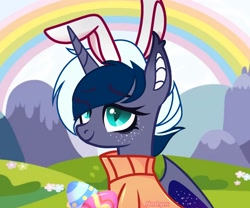 Size: 1500x1250 | Tagged: safe, artist:pinknoir03, oc, oc only, oc:elizabat stormfeather, alicorn, bat pony, bat pony alicorn, pony, alicorn oc, bat pony oc, bat wings, bunny ears, clothes, commission, cute, easter, easter bunny, easter egg, female, freckles, holiday, horn, mare, rainbow, redesign, solo, sweater, wings, ych result