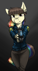 Size: 800x1500 | Tagged: safe, artist:sinrar, oc, oc only, oc:polie lightmixer, anthro, aiming, clothes, dominator, ear piercing, female, gun, jacket, looking at you, mare, multicolored hair, piercing, psycho pass, rainbow hair, simple background, solo, weapon