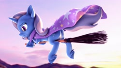 Size: 3840x2160 | Tagged: safe, artist:psfmer, trixie, pony, unicorn, g4, 3d, broom, butt, cape, clothes, cute, diatrixes, eyelashes, female, flying, flying broomstick, high res, horn, mare, plot, revamped ponies, sad, skyline, solo, source filmmaker, the great and powerful ass, trixie's cape, unshorn fetlocks