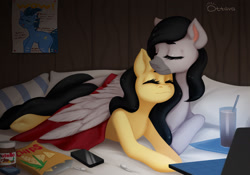 Size: 1920x1341 | Tagged: safe, artist:ottava, oc, oc only, oc:nightmare crystal, oc:ottava, pegasus, pony, airpods, cellphone, chips, computer, condoms, covering, drink, eyes closed, female, food, hug, laptop computer, male, mare, nutella, pegasus oc, phone, pillow, poster, romantic, smartphone, stallion, wing blanket, winghug, wings