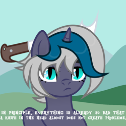 Size: 1000x1000 | Tagged: safe, artist:vi45, oc, oc:elizabat stormfeather, alicorn, bat pony, bat pony alicorn, pony, alicorn oc, bat pony oc, bat wings, cartoon violence, commission, dialogue, female, horn, knife, mare, meme, ponified meme, solo, sword, this is fine, unamused, weapon, wings, ych result