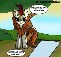 Size: 1852x1755 | Tagged: safe, artist:nguyendeliriam, autumn blaze, oc, kirin, g4, dialogue, first person view, first pony view, looking at you, offscreen character, pov, smiling, smiling at you, tree