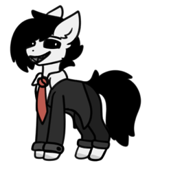 Size: 611x622 | Tagged: safe, artist:michini, oc, oc only, oc:turanten, earth pony, pony, black sclera, clothes, fangs, necktie, simple background, solo, suit, white background