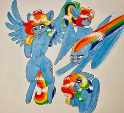Size: 2048x1870 | Tagged: safe, artist:cherubisous, rainbow dash, pegasus, pony, g4, alternate hairstyle, blushing, chest fluff, crying, flying, looking at you, marker drawing, ponytail, solo, spread wings, tongue out, traditional art, wings