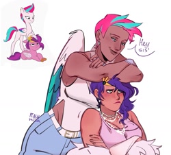 Size: 1677x1515 | Tagged: safe, alternate version, artist:peachmichea, pipp petals, zipp storm, human, pegasus, pony, g5, blushing, breasts, cleavage, clothes, concept art, crossed arms, denim, dress, duo, ear piercing, earring, eyebrow piercing, female, fingerless gloves, gloves, height difference, humanized, jealous, jeans, jewelry, nail polish, necklace, nose piercing, pants, piercing, pipp is short, pipp petals is not amused, redraw, ripped jeans, ripped pants, royal sisters (g5), sibling rivalry, siblings, sisters, tall, tank top, torn clothes, unamused, winged humanization, wings