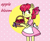 Size: 883x727 | Tagged: safe, artist:canotanya1, apple bloom, earth pony, semi-anthro, g4, adorabloom, apple, apple basket, apron, arm hooves, basket, clothes, cute, dress, female, filly, foal, food, smiling, solo, text