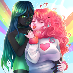Size: 3000x3000 | Tagged: safe, artist:altarichiru, queen chrysalis, oc, oc:fluffle puff, human, g4, :p, blushing, breasts, busty fluffle puff, canon x oc, clothes, cute, dress, duo, ear piercing, earring, eyes closed, eyeshadow, fangs, female, green blush, high res, holding hands, hug, humanized, jewelry, lesbian, lipstick, makeup, nail polish, piercing, pony coloring, pride month, rainbow, scarf, ship:chrysipuff, shipping, stockings, sweater, thigh highs, tongue out