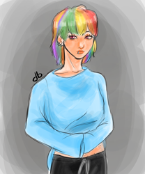 Size: 1000x1200 | Tagged: safe, artist:dubudrops, rainbow dash, human, g4, alternate hairstyle, clothes, ear piercing, earring, female, humanized, jewelry, lip piercing, pants, piercing, shirt, solo, sweatpants