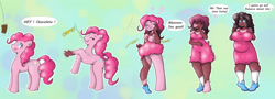 Size: 1280x461 | Tagged: safe, artist:quickcast, pinkie pie, earth pony, human, pony, g4, breasts, busty pinkie pie, chocolate bar, clothes, commission, fat, human coloration, humanized, natural hair color, overalls, pony to human, pudgy pie, shoes, transformation, transformation sequence, weight gain