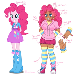 Size: 3239x3265 | Tagged: safe, artist:diameltzowo, pinkie pie, human, equestria girls, g4, arm warmers, boots, bow, braces, clothes, converse, dark skin, ear piercing, earring, heart, high heel boots, high res, hoodie, humanized, jewelry, leg warmers, painted nails, piercing, redesign, shoes, simple background, skirt, sneakers, socks, stockings, striped socks, tan skin, thick, thigh highs, white background, zettai ryouiki