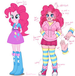 Size: 3239x3265 | Tagged: safe, artist:diameltzowo, pinkie pie, human, equestria girls, g4, arm warmers, boots, bow, braces, clothes, converse, ear piercing, earring, heart, high heel boots, high res, hoodie, jewelry, leg warmers, painted nails, piercing, redesign, shoes, simple background, skirt, sneakers, socks, stockings, striped socks, thick, thigh highs, white background, zettai ryouiki