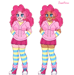 Size: 3239x3265 | Tagged: safe, artist:diameltzowo, pinkie pie, human, g4, arm behind back, arm warmers, braces, clothes, converse, dark skin, ear piercing, earring, female, happy, high res, hoodie, humanized, jewelry, leg warmers, piercing, pink skin, redesign, shoes, simple background, skirt, smiling, sneakers, socks, stockings, striped socks, thick, thigh highs, white background, zettai ryouiki