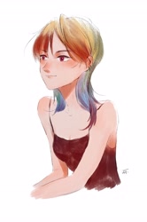 Size: 2714x4096 | Tagged: safe, artist:weit., rainbow dash, human, g4, alternate hairstyle, bare shoulders, clothes, ear piercing, earring, female, humanized, jewelry, piercing, simple background, sleeveless, solo, tank top, white background