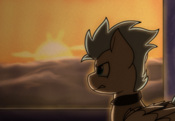 Size: 2163x1498 | Tagged: safe, artist:memeancholy, oc, oc only, oc:ice cold, pegasus, pony, fallout equestria, backlighting, cloud, enclave, enclave uniform, fallout equestria: gun trotters, grand pegasus enclave, male, mohawk, neighvarro, pegasus oc, stallion, sunset, teary eyes, uniform, window