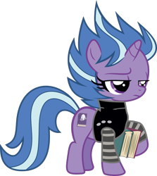 Size: 1000x1120 | Tagged: safe, artist:starryshineviolet, lilymoon, pony, unicorn, g4, ponyville mysteries, schoolhouse of secrets, book, clothes, cloud, female, filly, foal, goth, moon, simple background, solo, spiky hair, sweater, transparent background, unamused, vector