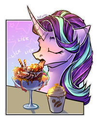 Size: 1680x2094 | Tagged: safe, artist:intfighter, starlight glimmer, pony, unicorn, g4, cheek fluff, coffee, commission, curved horn, cute, eyes closed, female, floppy ears, food, glimmerbetes, horn, ice cream, licking, mare, onomatopoeia, solo, sound effects, sundae, tongue out, ych result