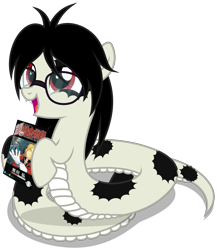 Size: 3320x3820 | Tagged: safe, artist:strategypony, oc, oc only, oc:cuppa noodle, lamia, original species, snake, snake pony, book, cute, daaaaaaaaaaaw, female, filly, foal, fullmetal alchemist, glasses, happy, high res, hoof hold, manga, messy mane, mottled coat, neet, nerd, ocbetes, open mouth, simple background, transparent background, younger