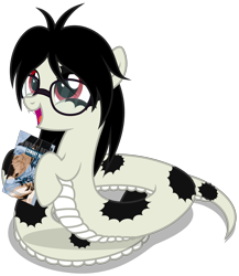 Size: 3320x3820 | Tagged: safe, alternate version, artist:strategypony, oc, oc only, oc:cuppa noodle, lamia, original species, snake, snake pony, book, cowboy bebop, cute, daaaaaaaaaaaw, female, filly, foal, glasses, happy, high res, hoof hold, manga, messy mane, mottled coat, neet, nerd, ocbetes, open mouth, simple background, transparent background, younger
