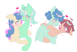 Size: 1229x830 | Tagged: safe, artist:t-0-rtured, bon bon, curly winds, lyra heartstrings, some blue guy, sweetie drops, wiz kid, earth pony, pegasus, pony, unicorn, g4, blushing, canon ship, eyebrows, female, floating heart, gay, heart, hug, lesbian, looking at each other, looking at someone, male, mare, open mouth, open smile, ship:lyrabon, ship:wizwinds, shipping, simple background, smiling, stallion, white background