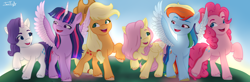 Size: 7656x2524 | Tagged: safe, artist:javierespi2003, applejack, fluttershy, pinkie pie, rainbow dash, rarity, twilight sparkle, alicorn, earth pony, pegasus, pony, unicorn, g4, g5, applejack's hat, cowboy hat, female, g4 to g5, generation leap, hat, mane six, mare, spread wings, twilight sparkle (alicorn), wings