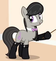 Size: 353x380 | Tagged: safe, artist:ldear, edit, octavia melody, earth pony, pony, pink fluffy handcuffs are perfect for bondage, g4, bow (instrument), bowtie, clothes, cropped, female, latex, latex socks, mare, smiling, socks