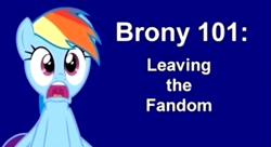 Size: 525x286 | Tagged: safe, rainbow dash, pegasus, pony, g4, 101, blue background, comments locked down, comments more entertaining, debate in the comments, discussion in the comments, female, frown, leaving the fandom, mare, multicolored hair, open mouth, rainbow hair, shocked, simple background, text, title card, youtube link