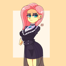 Size: 3000x3000 | Tagged: safe, artist:spellart, fluttershy, human, equestria girls, g4, arm under breasts, breasts, busty fluttershy, clothes, dress, eyeshadow, female, fluttergoth, frown, goth, high res, looking at you, makeup, miniskirt, skirt, solo