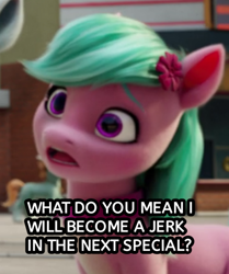 Size: 704x844 | Tagged: safe, edit, edited screencap, screencap, dahlia, earth pony, pony, g5, my little pony: a new generation, my little pony: make your mark, my little pony: make your mark chapter 1, spoiler:my little pony: make your mark, female, flower, flower in hair, mare, surprised