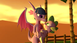 Size: 1280x720 | Tagged: safe, artist:php170, spike, twilight sparkle, dragon, g4, 3d, bridal carry, carrying, cute, dragoness, dragonified, duo, eye contact, female, friendship, holding, holding a dragon, looking at each other, looking at someone, male, mama twilight, ship:twispike, shipping, smiling, source filmmaker, species swap, spikabetes, straight, sunset, twilidragon