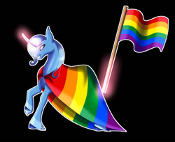 Size: 640x522 | Tagged: safe, artist:plasmaticia, trixie, pony, unicorn, g4, cape, clothes, cloven hooves, curved horn, gay pride flag, horn, lgbt, pride, pride flag, smiling, solo, unshorn fetlocks