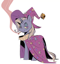 Size: 1194x1281 | Tagged: safe, artist:chunkysoup22, trixie, pony, unicorn, g4, cape, clothes, drugs, female, hat, joint, leonine tail, lidded eyes, looking at you, looking back, looking back at you, mare, marijuana, ruff (clothing), simple background, smiling, smoking, solo, tail, trixie's cape, trixie's hat, white background