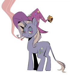Size: 1194x1281 | Tagged: safe, alternate version, artist:chunkysoup22, trixie, pony, unicorn, g4, butt, clothes, drugs, female, hat, joint, leonine tail, lidded eyes, looking at you, looking back, looking back at you, mare, marijuana, plot, simple background, smiling, smoking, solo, tail, trixie's hat, white background