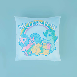 Size: 1500x1500 | Tagged: safe, firefly, medley, skydancer, pegasus, pony, g1, official, decorsome, female, group, mare, merchandise, my little pony logo, pillow, retro, simple background, text