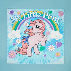 Size: 1500x1500 | Tagged: safe, cotton candy (g1), earth pony, pony, g1, official, blanket, decorsome, female, mare, merchandise, my little pony logo, rearing, retro, simple background, solo, text