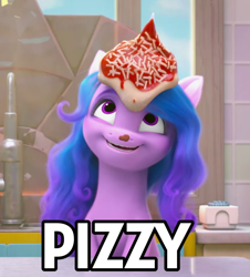 Size: 964x1068 | Tagged: safe, edit, edited screencap, screencap, izzy moonbow, pony, unicorn, g5, my little pony: make your mark, my little pony: make your mark chapter 1, spoiler:my little pony: make your mark, cute, food, izzy impaling things, izzybetes, pizza, pun, solo